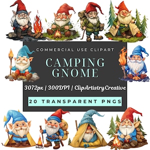 Camping Gnome clipart bundle PNG transparent background digital download, camping clip art, gnome clip art, gnome images, happy camper png
