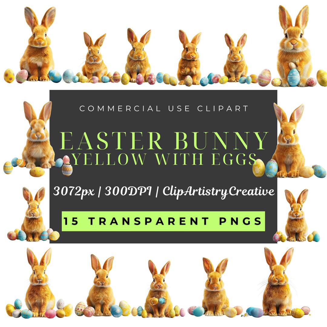 Easter Bunny Yellow With Eggs PNG Clipart Bundle Transparent Background ...