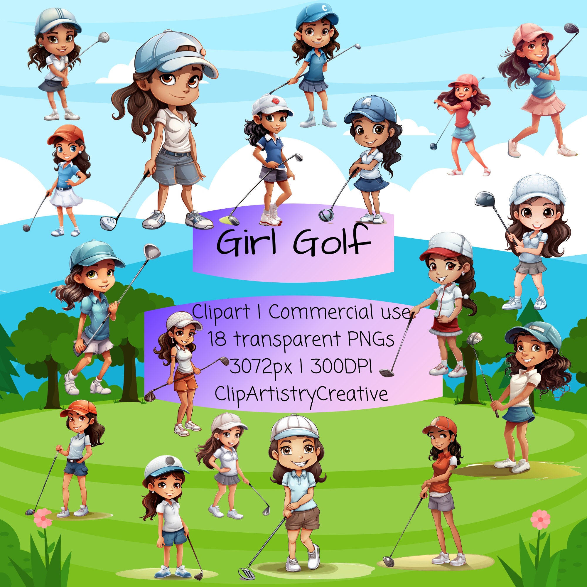 Girl Golf Clipart Bundle PNG Transparent Background Digital Download ...