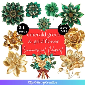 Emerald Green and Gold Flower Bouquets clipart PNG transparent background digital download | Pretty floral clipart | Quinceanera verde