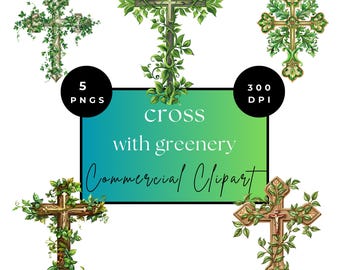 Cross with greenery clipart PNG transparent background instant digital download, religious cross clip art, holy cross catholic christian