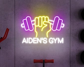 Letrero de neón para gimnasio con nombre personalizado, luz LED de neón para músculos, decoración de pared para gimnasio, letrero personalizado para gimnasio en casa, letrero de neón para pared de club de fitness, regalo para el Día del Padre