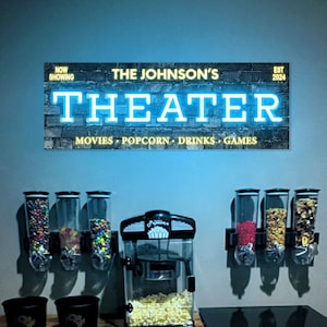 Personalized Theater Neon Sign, Cinema Custom Sign, Home Movie Room neon, Vintage Marquee Canvas, Housewarming Gifts, Rustic Man Cave Decor