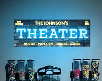 Personalized Theater Neon Sign, Cinema Custom Sign, Home Movie Room neon, Vintage Marquee Canvas, Housewarming Gifts, Rustic Man Cave Decor