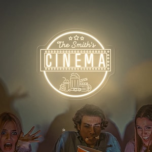 Custom Movie And Popcorn neon sign, Personalized Family Cinema neon light, Home Theater Name Sign, Man Cave Decoration,  Housewarming Gift