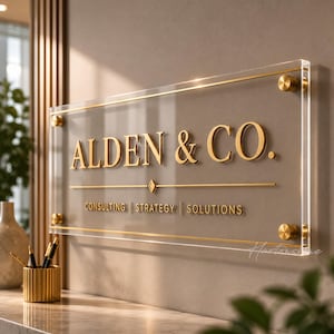May include: A rectangular clear acrylic office sign featuring gold-colored lettering that reads ALDEN & CO. with the words CONSULTING | STRATEGY | SOLUTIONS below. The sign is mounted with four gold-colored circular standoffs at the corners.
