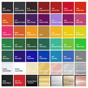 May include: A color chart featuring a grid of fifty-six rectangular swatches. Each swatch displays a unique color, a corresponding numerical code, and a descriptive name in white or black text, including shades of red, blue, green, and metallic finishes.