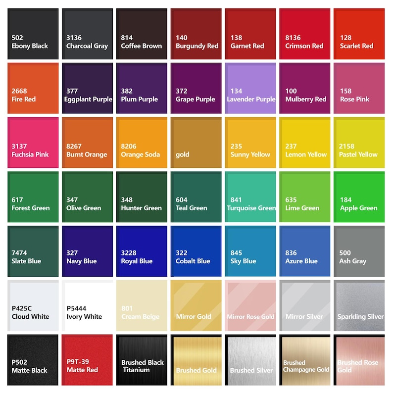 May include: A color chart featuring a grid of fifty-six rectangular swatches. Each swatch displays a unique color, a corresponding numerical code, and a descriptive name in white or black text, including shades of red, blue, green, and metallic finishes.