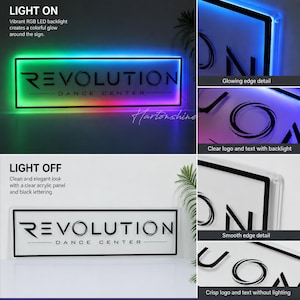 May include: A rectangular acrylic sign featuring the black text REVOLUTION DANCE CENTER. The sign is shown in two states: with a vibrant RGB LED backlight creating a colorful glow around the edges, and without lighting, displaying a clear panel.