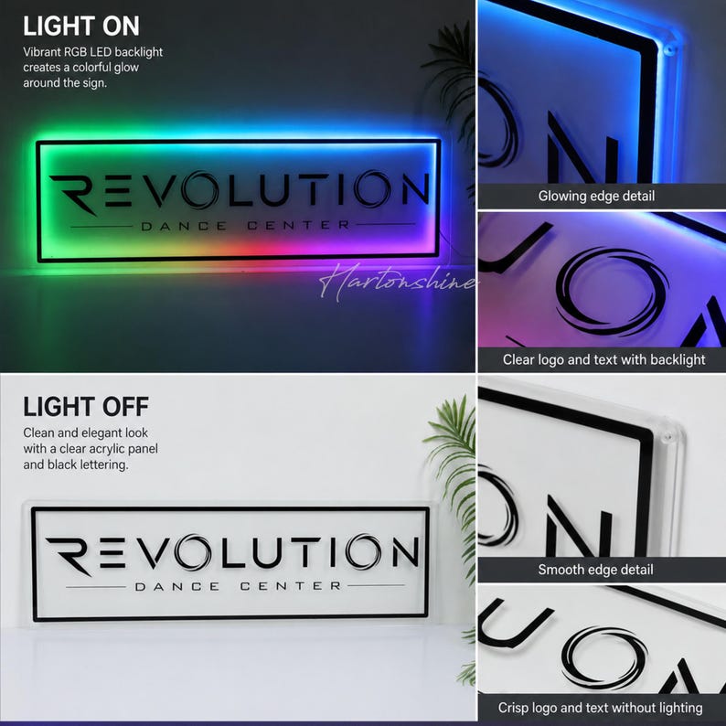 May include: A rectangular acrylic sign featuring the black text REVOLUTION DANCE CENTER. The sign is shown in two states: with a vibrant RGB LED backlight creating a colorful glow around the edges, and without lighting, displaying a clear panel.