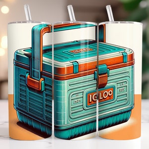 May include: A set of three stainless steel tumblers with a retro-style illustration of a blue and orange Igloo cooler. The tumblers have lids and straws.