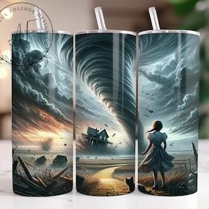 May include: A set of three stainless steel tumblers with a graphic of a tornado and a house. The tumblers are printed with a scene from the movie The Wizard of Oz. The scene features Dorothy standing on a yellow brick road with a house in the background. The tumblers are a great way to show your love for the movie.