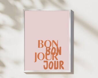 Bonjour French Typography Print : Blush Pink Nursery Art, Inspirational Quote Wall Decor, Digital Download
