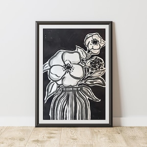 Black and White Floral Vase Print – Handpainted Flower Art – Monochrome Botanical Wall Decor