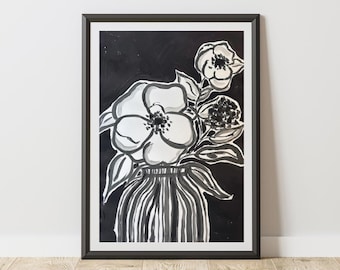 Black and White Floral Vase Print – Handpainted Flower Art – Monochrome Botanical Wall Decor