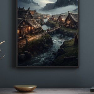 Viking Village Poster, Norse Illustration Wall Art, Room Decor for Viking Enthusiasts
