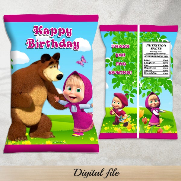 Masha and the Bear Chip Bags, Masha and the Bear Birthday Party, Favor Bag, Masha Birthday, Digital Download, Masha Party Supplies Printable
