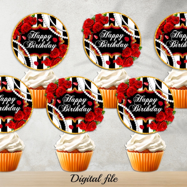 Red Roses Cupcake Toppers, Black White Stripes Birthday Party, Happy Birthday Cupcake Toppers, Diamond Birthday Favors, Party supplies