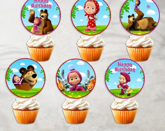 Masha and the Bear Cupcake Toppers, Masha and the Bear Birthday Party, Favor Bag, Masha Birthday, Digital Download, Masha Party Supplies