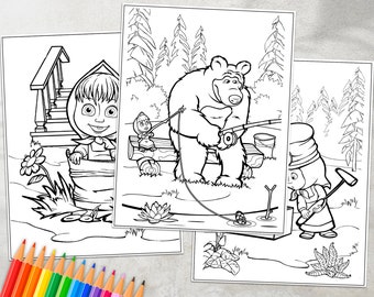 Masha and the bear Coloring Packs Digital, Masha and Bear Birthday Party Activity, Masha Birthday, Coloring Book, Kids Art Coloring Books