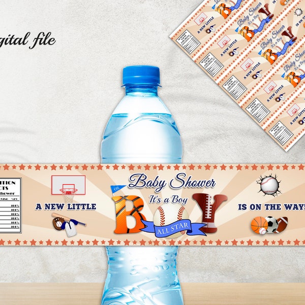 Sports Baby Shower Water Bottle Label, All Star Sports Water Bottle Label, Sports Party Drink Decoration, Sports Baby Shower Party Favor