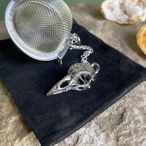 May include: A silver tea infuser shaped like a bird skull with a chain attached to a silver mesh ball. The infuser is on a black velvet pouch.