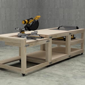 Montagetekeningen voor een verrijdbare werkbank met 3 modules, inclusief verstekzaag en tafelzaagstation - Werkbank voor de garage - 2x4 zelfbouw (PDF)
