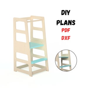 May include: DIY plans for a wooden step stool with two blue shelves. The plans are available in PDF and DXF formats.