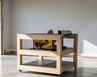 DIY Garage Storage Plans - Mobile Table Saw Station with Tool Shelves - Compact Rolling Workshop Cart - 2x4 Build PDF