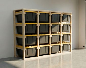 27 Gallon Tote Rack Plans, 16 Unit Garage Storage Shelving, Woodworking PDF