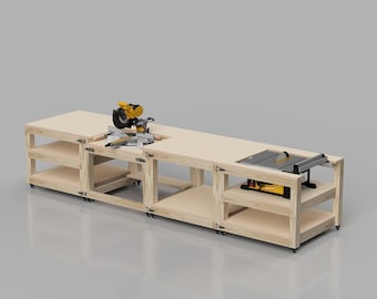 Planos para banco de trabajo móvil con sierra / Sierra de mesa modular y sierra ingletadora (planos de construcción digitales)