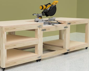 Garage Workbench Plans - Miter Saw Station & Table Saw Bench - 3 Module Rolling Workshop - 2x4 DIY Build - Instant Download PDF