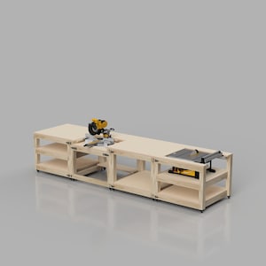 May include: A wooden workbench with a miter saw and a table saw mounted on top. The workbench has shelves for storage and is on wheels.
