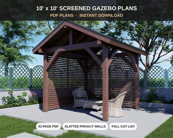 10x10 Gazebo Plans - Small Gable Pavilion with Slatted Privacy Walls - DIY Garden Shelter PDF with Cut List