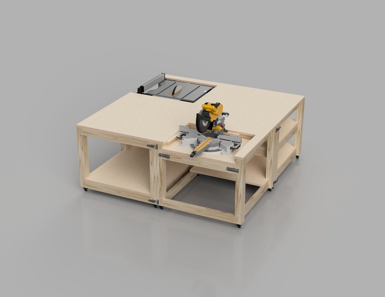May include: A wooden workbench with a miter saw and a table saw attached. The workbench has two shelves and is on wheels.