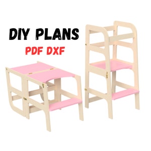 Progetto fai da te per torre da cucina Montessori e tavolo didattico: sgabello per bambini. Download immediato del piano di costruzione in PDF.