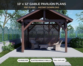 10x12 Gable Pavilion Plans with Privacy Walls - DIY Backyard Pavilion, Gazebo & Patio Cover - PDF Download with Cut List