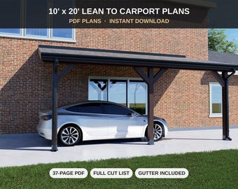 10x20 Carport Plans - Small Lean To Carport & Patio Cover - Attached Car Shelter Blueprint PDF with Cut List