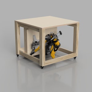 May include: A wooden table with a built-in storage space for a miter saw. The saw is mounted on a bracket and can be easily removed for use.