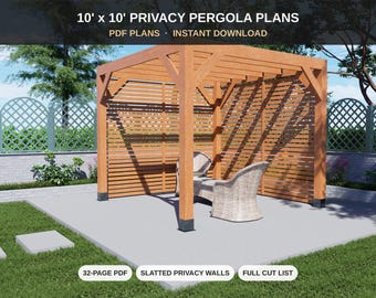 10x10 Privacy Pergola Plans - Small Slatted Screen Pergola for Patio & Hot Tub - DIY Blueprint PDF with Cut List
