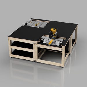 May include: A woodworking workbench with a black top and a natural wood frame. The workbench has a built-in table saw and a miter saw. The workbench is designed for various woodworking tasks and projects.