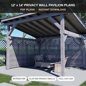 Peut inclure: Plans de pavillon avec mur d'intimité 12' x 14' en PDF. Une structure de pavillon extérieur en bois avec des murs à lattes, un toit incliné et un sol en béton. Le design comprend deux chaises en osier et une petite table. PDF de 40 pages.