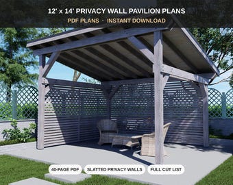 12x14 Privacy Wall Pavilion Plans - Large Lean To Screened Backyard Shelter - DIY Blueprint PDF with Cut List