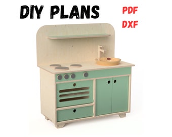 May include: DIY plans for a wooden play kitchen with a green stove, sink, and cabinets. The plans are available in PDF and DXF formats.