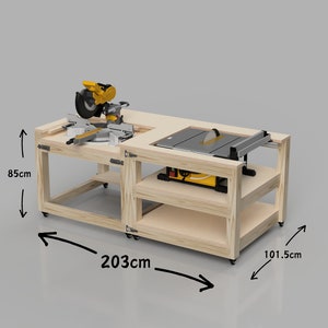 May include: A wooden workbench with a yellow and black miter saw and a table saw. The workbench is on wheels and has two shelves. The workbench is 85 cm tall, 203 cm wide, and 101.5 cm deep.