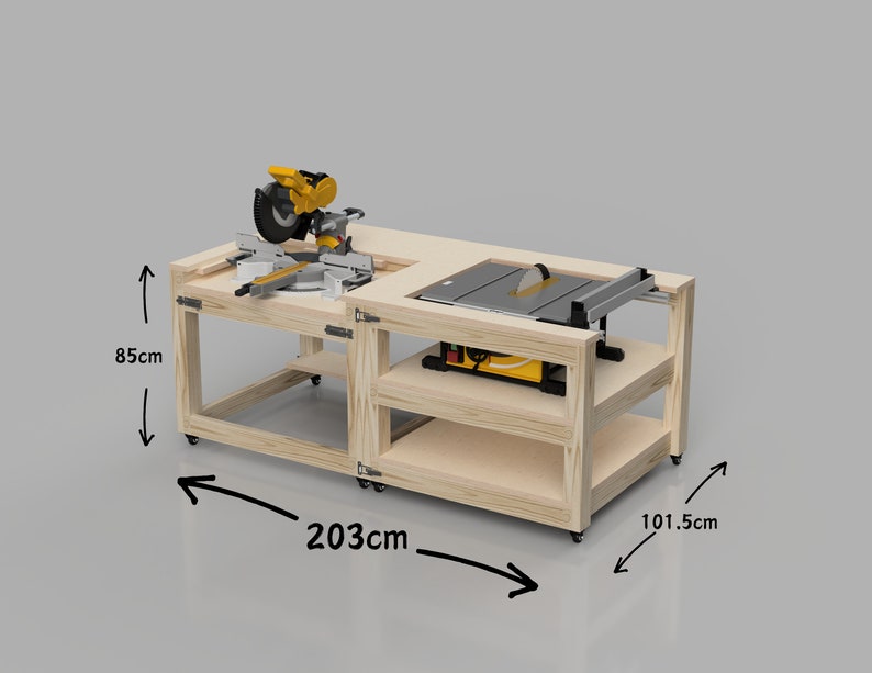 May include: A wooden workbench with a yellow and black miter saw and a table saw. The workbench is on wheels and has two shelves. The workbench is 85 cm tall, 203 cm wide, and 101.5 cm deep.