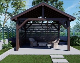 12x14 Gazebo Plans - Large Gable Pavilion with Slatted Privacy Walls - DIY Backyard Shelter PDF with Cut List