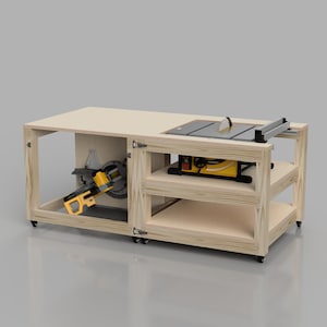 May include: A wooden table with a miter saw and a table saw on top. The table has two shelves and is on wheels. The miter saw is in a compartment on the left side of the table, and the table saw is on the right side.