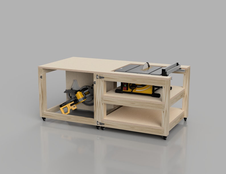 May include: A wooden table with a miter saw and a table saw on top. The table has two shelves and is on wheels. The miter saw is in a compartment on the left side of the table, and the table saw is on the right side.