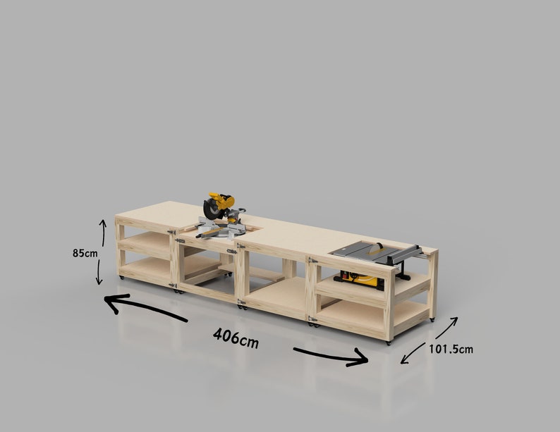 May include: A wooden workbench with two saw stations, one for a miter saw and one for a table saw. The workbench is 406 cm long, 101.5 cm wide, and 85 cm tall.